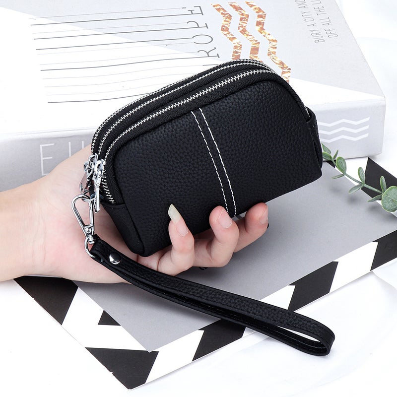 Cowhide Three-Layer Zipper Hand-Held Coin Purse Women'S New Multi-Compartment Hand-Held Coin Purse Leather Mini Hand-Held Small Bag - Image 2